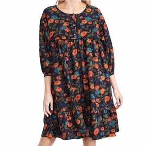 Meadows Artemesia Dress Navy Floral Oversized Puff Sleeve Corduroy Boho Size 4